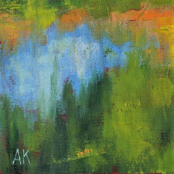 Grassland - textured semi abstract multicolour landscape oil painting