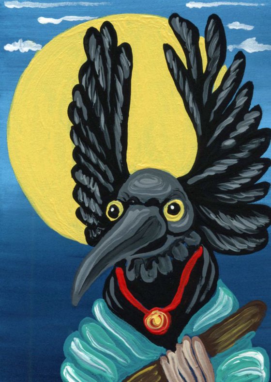 ACEO ATC Original Painting Raven Crow Kachina Doll Native Art-Carla Smale