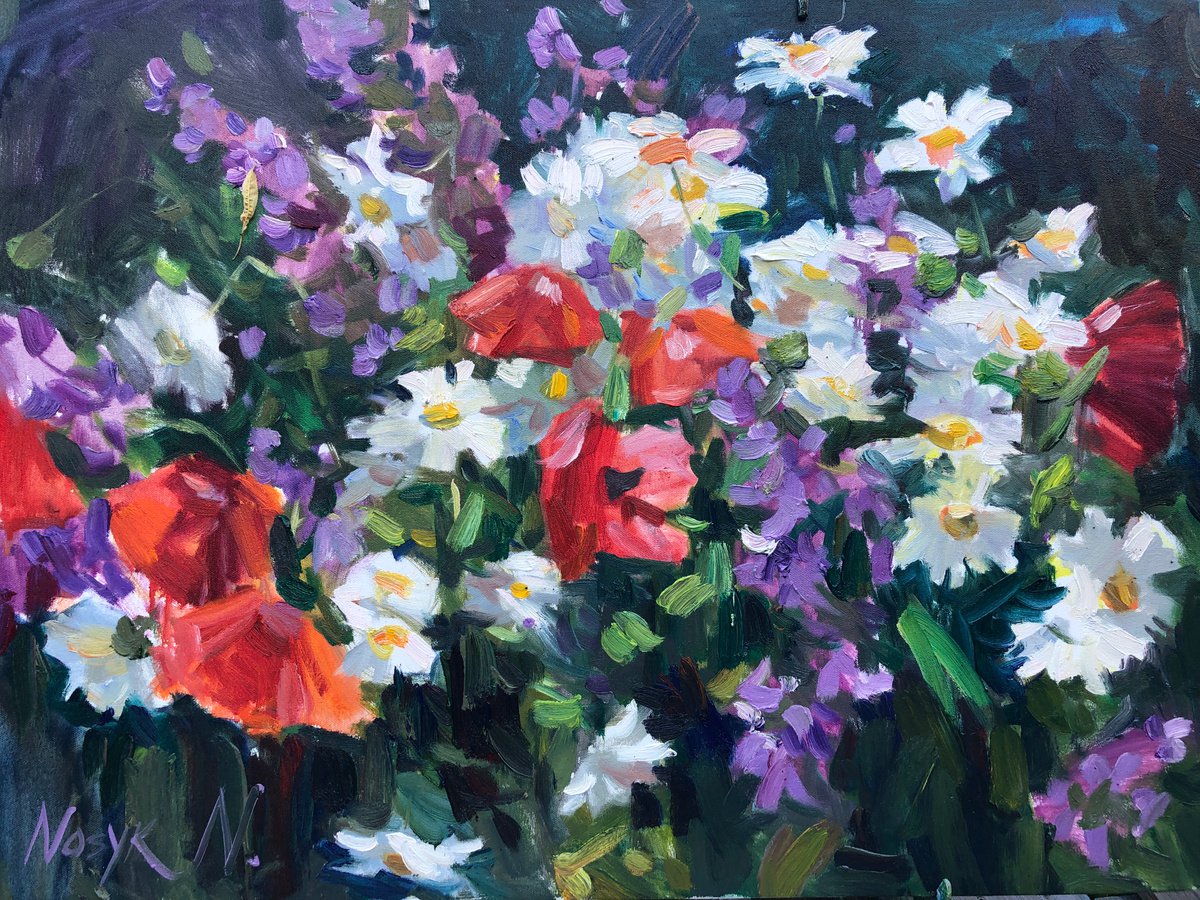 Summer comes | Bouquet with camomile original oil painting by Nataliia Nosyk