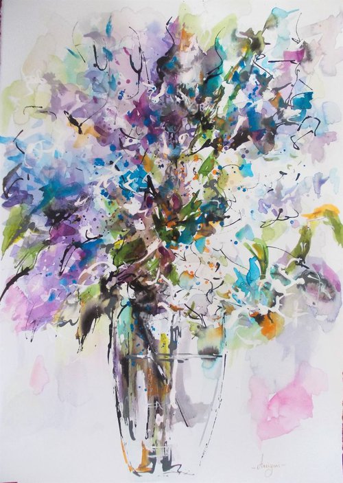 Lilac Dream II - Watercolor Lilacs In A Vase Painting by Antigoni Tziora