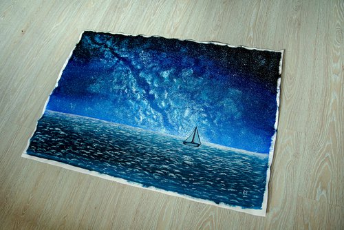 Night starry seascape with a sailboat by Rimma Savina