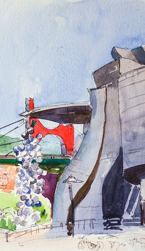 Bilbao, Donostia. Watercolor live sketch of Museum Guggenheim. URBAN WATERCOLOR LANDSCAPE STUDY ARTWORK SMALL CITY LANDSCAPE SPAIN GIFT IDEA INTERIOR street by Sasha Romm