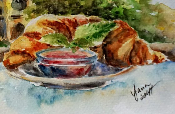 French Breakfast ORIGINAL Watercolor Painting - Food Art - Croissants Desserts Coffee Artwork - Wall Art