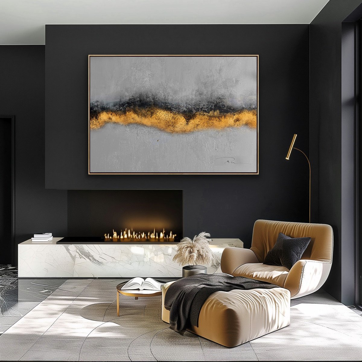 Abstract Acrylic Painting By Indie Ru, 59 X 39, Gold And Gray Abstract, Original Artwork