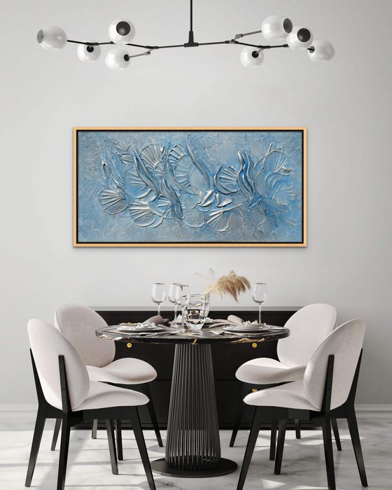 BEACH DREAM. Abstract Blue, Silver Textured 3D Art, Coastal Painting