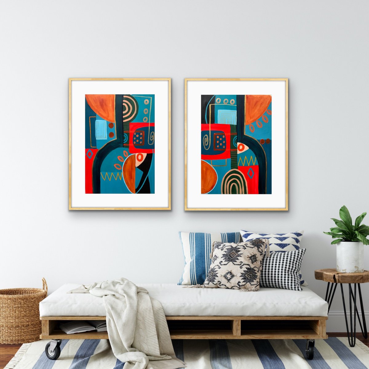Organic Abstract Acrylic Painting By Rashna Hackett, 20 X 27", A Time And Place (Diptych), Original Artwork