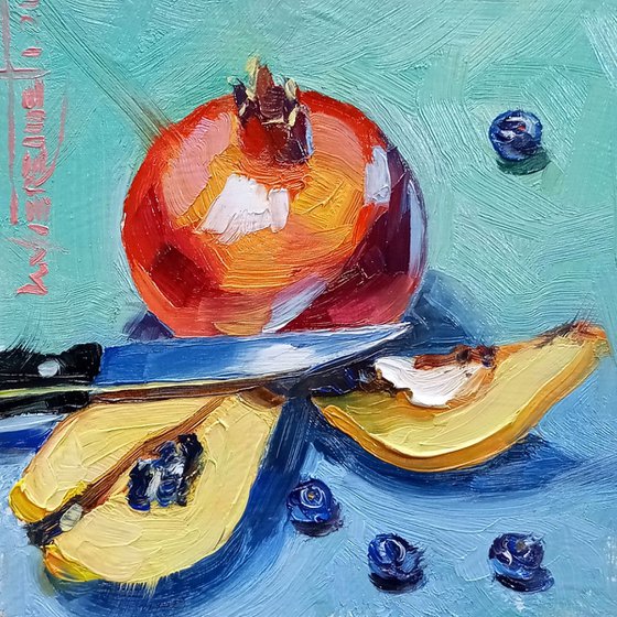 'POMEGRANATE WITH QUINCE' - Small Oil Painting on Panel Ready to Hang