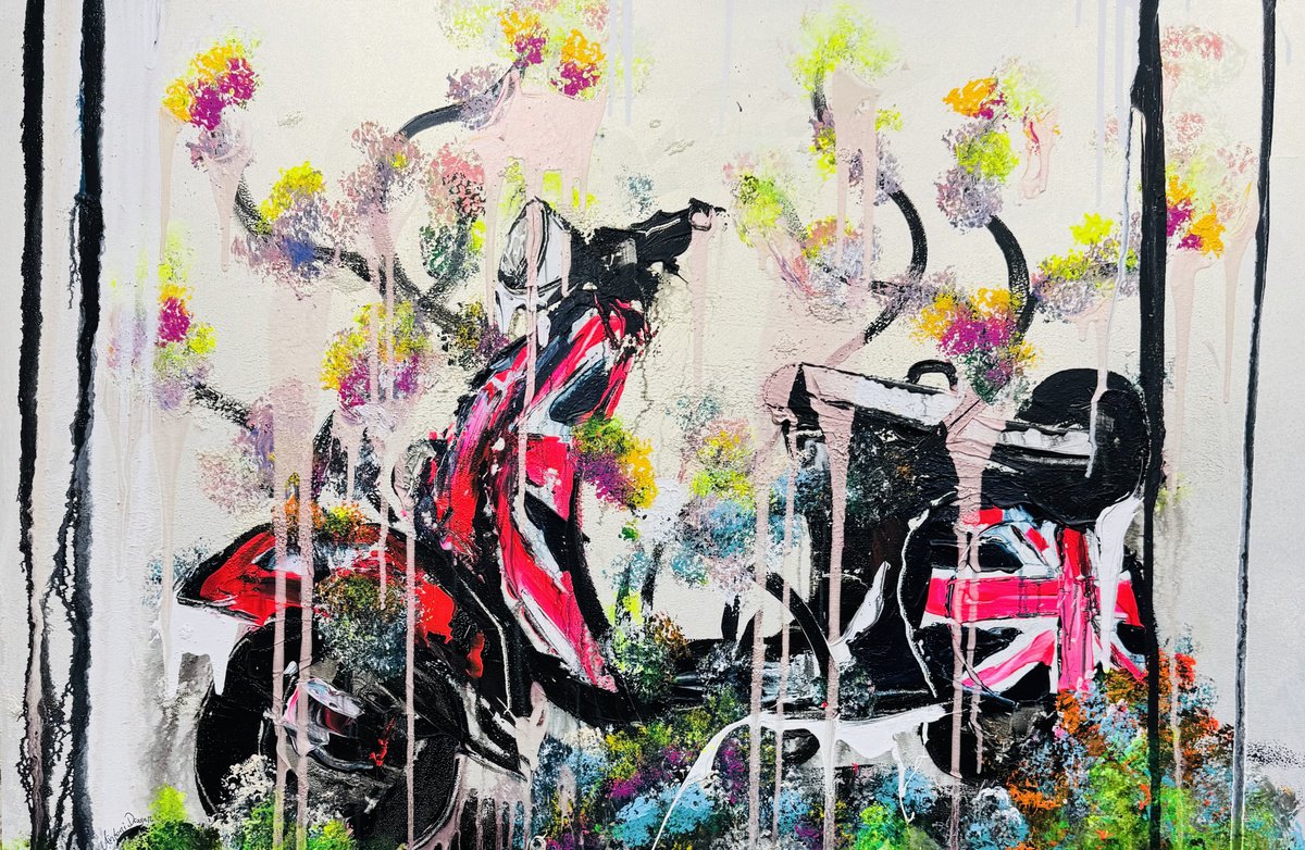 Urban And Pop Still Life Acrylic Painting By Antoni Dragan, 59 X 39, Vespa Dreams - Bloom In Motion, Original Artwork