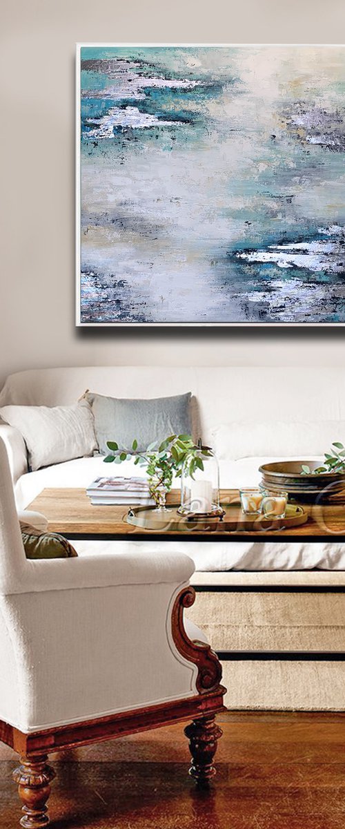 Light Of Day - Abstract White Grey Teal Silver Painting, Square Painting 32" Large Canvas, Minimalist Painting, Living Room Painting by Lana Guise