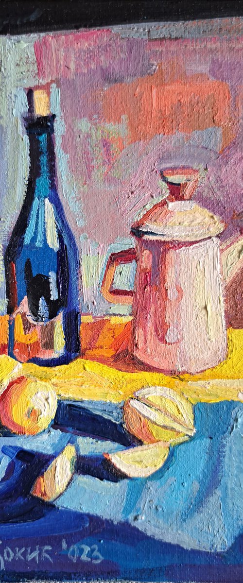 Still life with yellow drapery and lemons,  miniature,  2023 by Maja Đokić Mihajlović