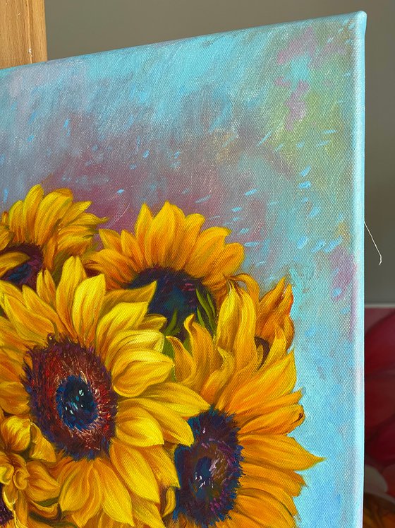 Sunflowers on a turquoise background