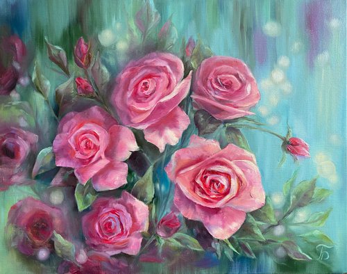 Rose bush Flowers on a green turquoise background by Larisa Batenkova