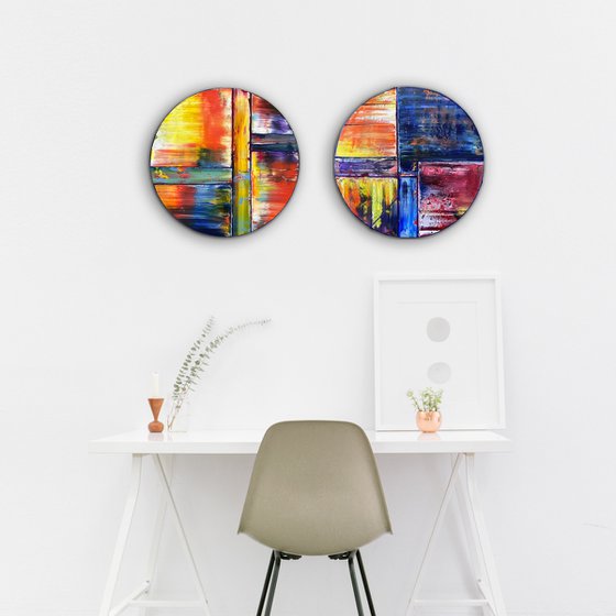 "Coming Full Circle" - Save As A Series - Original PMS Oil Painting Diptych On Circular Wooden Panels - 36 x 18 inches