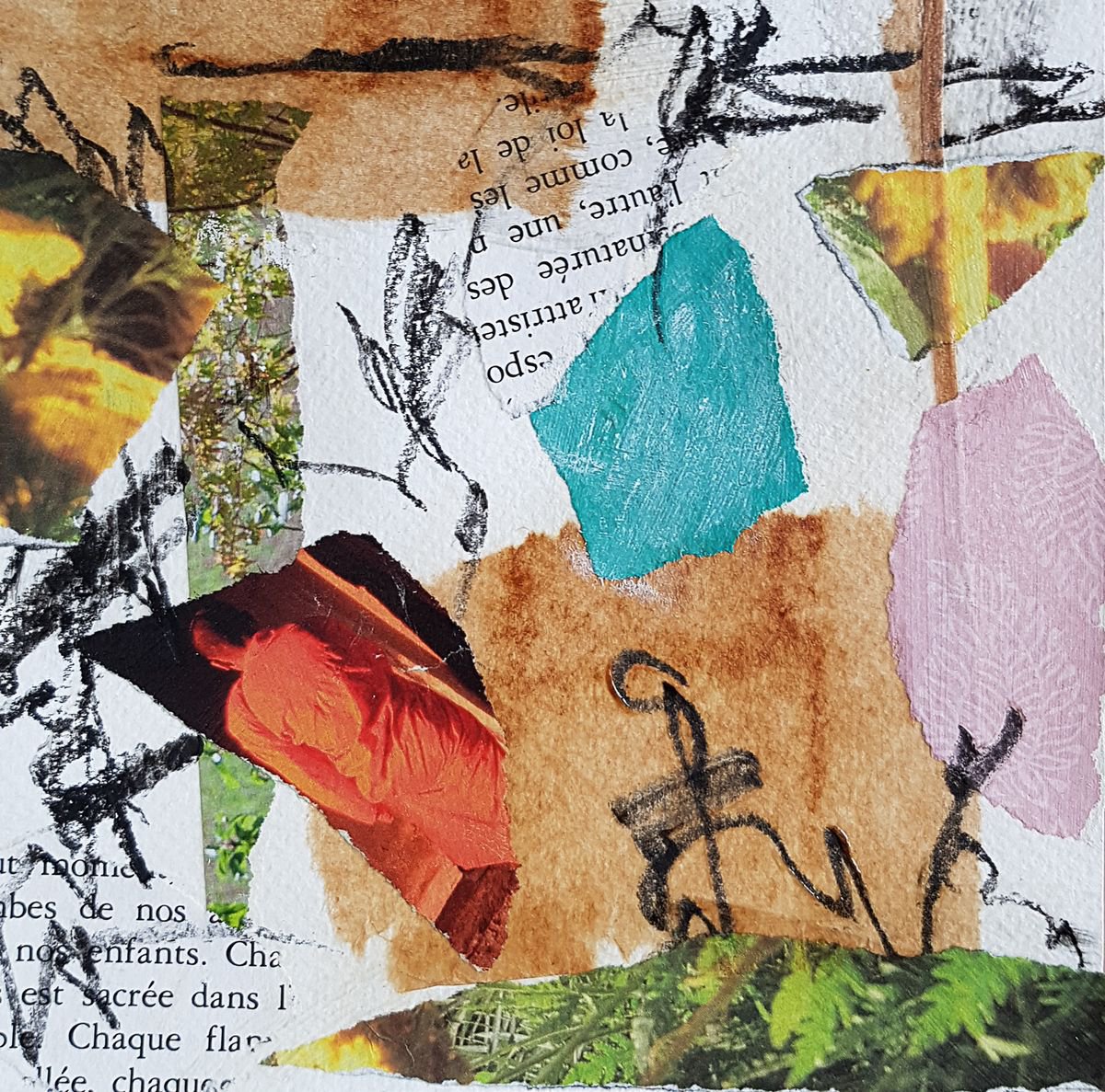 On the sacred earth - mixed media collage on paper - small size by Fabienne Monestier