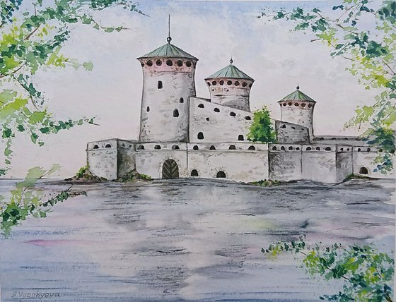 The Olavinlinna Castle #1. Original cityscape watercolor painting by Svetlana Vorobyeva.