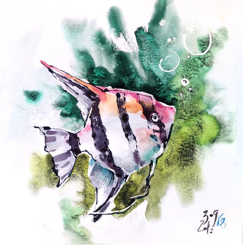 "Striped scalar fish in water" fantasy original watercolor artwork by Ksenia Selianko