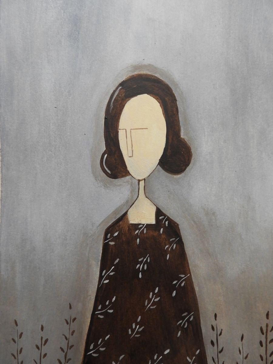 The Lady in brown between plants - oil on paper by Silvia Beneforti