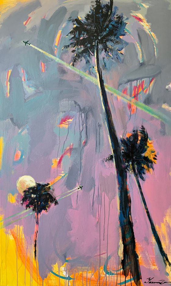 XL Big artwork - "Flight to Miami" - Pop Art - Huge painting - Palm - Street Art - Expressionism - Sunset
