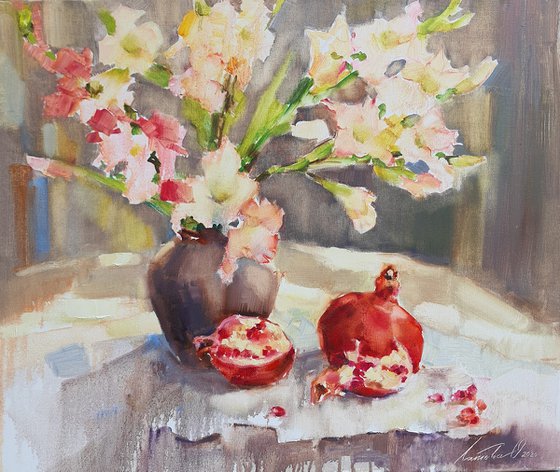 Pomegranate and Gladiolus. Pink tenderness