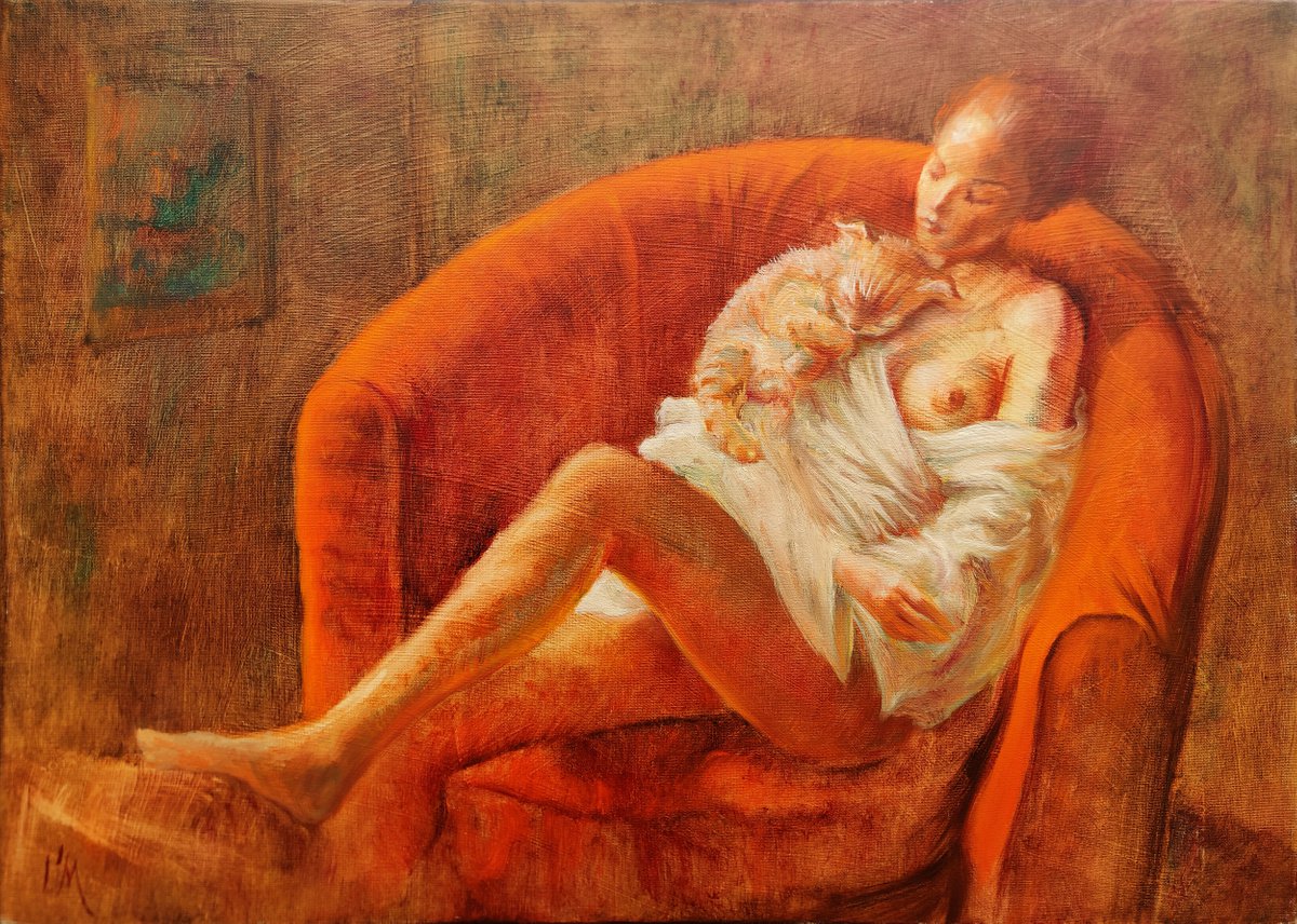 Expressive Animal Oil Painting By Isabel Mahe, 28 X 20, Cat