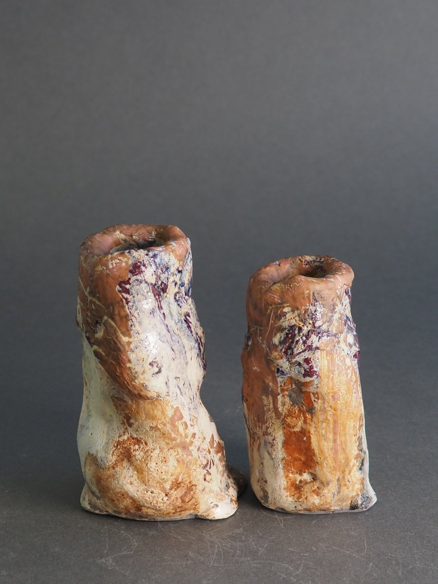 Expressive Abstract Clay Sculpture By Linda Cares, 4 X 4", Fraternal Pinch Pots, Original Artwork