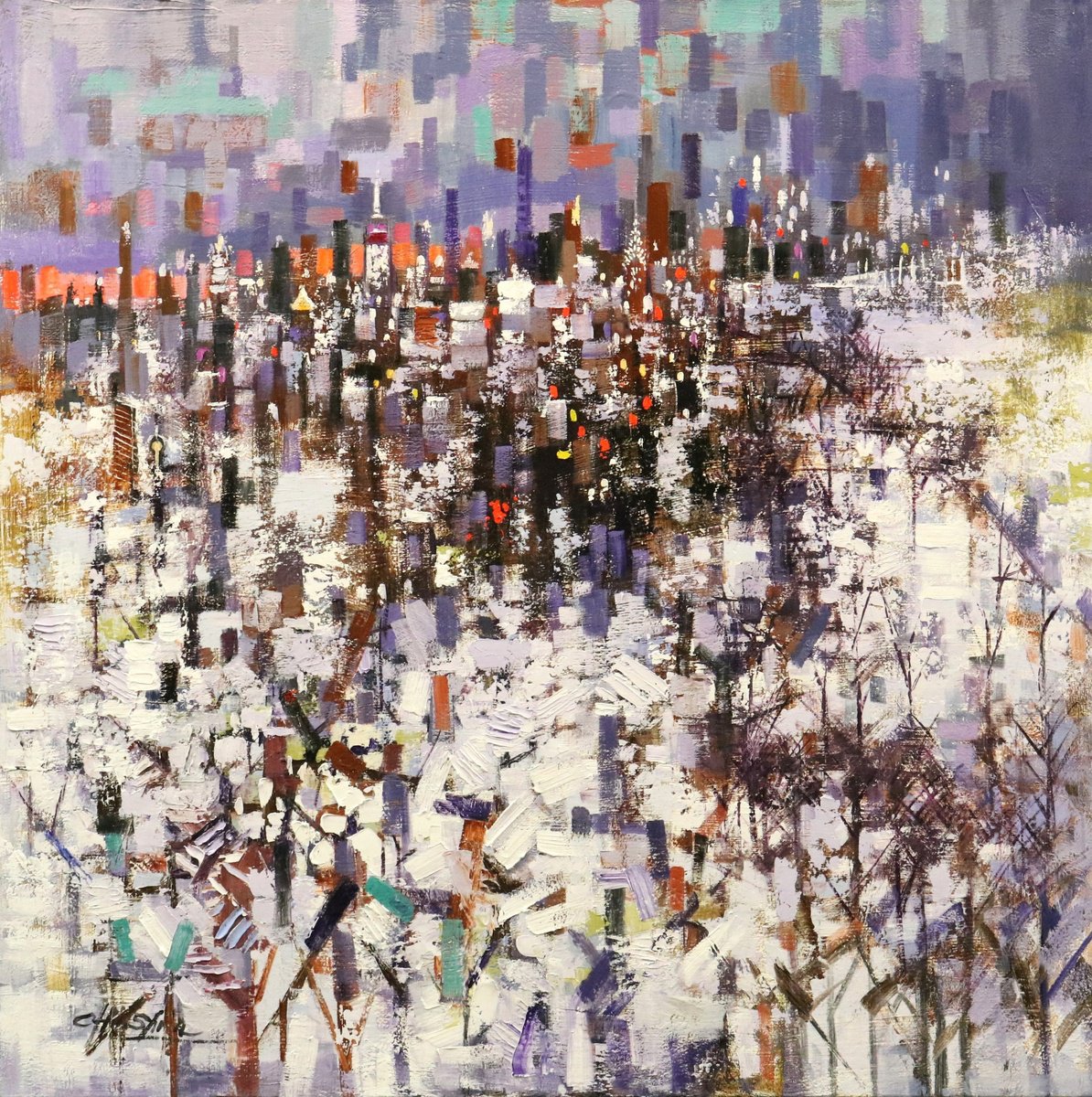 Expressive Oil Painting , Winter Landscape In Manhattan By Chin H Shin, 36 X 36, Artwork For Sale On Artfinder