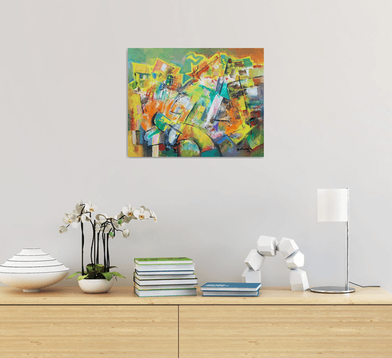 Shining Day, Bright Yellow, Blue Turquoise Luminous Colors Abstract Art On Canvas