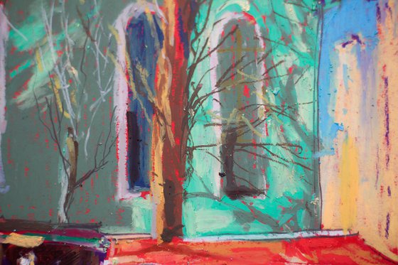 Istanbul cafe. Oil pastel painting. small colorful turkey turquoise interior decor street urban