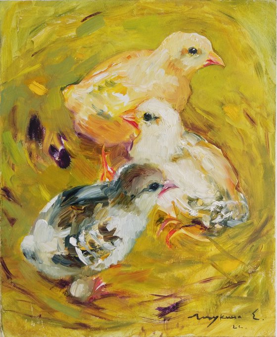 Chickens. Visiting grandmother in the village. Study from nature. Original oil painting