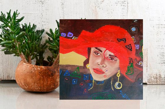 Mary, Woman Portrait Red Hat Painting Original Female Wall Art Modern Artwork