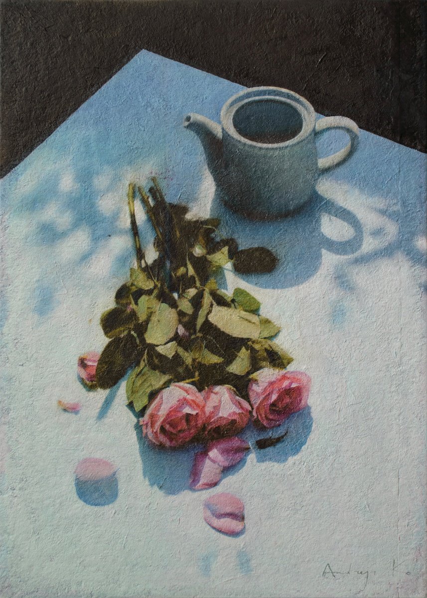 Photorealistic Still Life Acrylic Painting By Andrejs Ko, 20 X 28, Roses On A White Table, Original Artwork