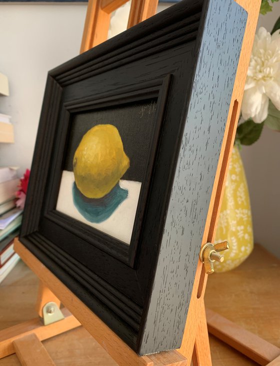 Lemon Still Life original oil realism painting, with wooden frame.