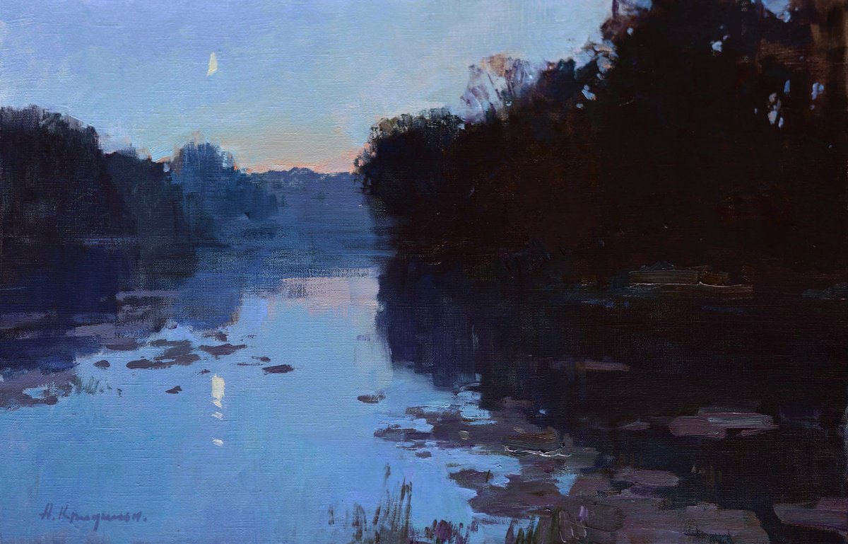 Impressionistic Landscape Oil Painting By Aleksandr Kryushyn, 24 X 16, Summer Evening By The River, Original Artwork