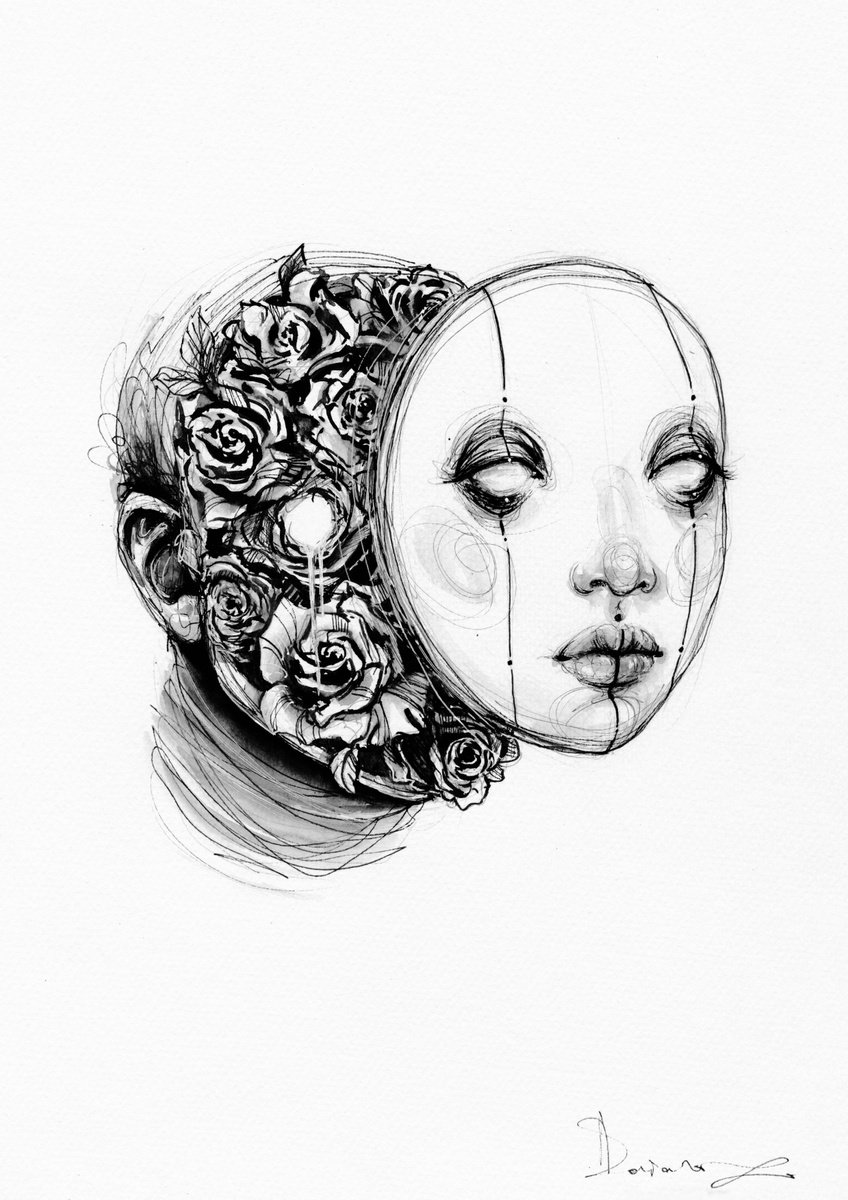 Expressive Portrait Ink Drawing By Doriana Popa, 8 X 12, One Of A ,,Kind