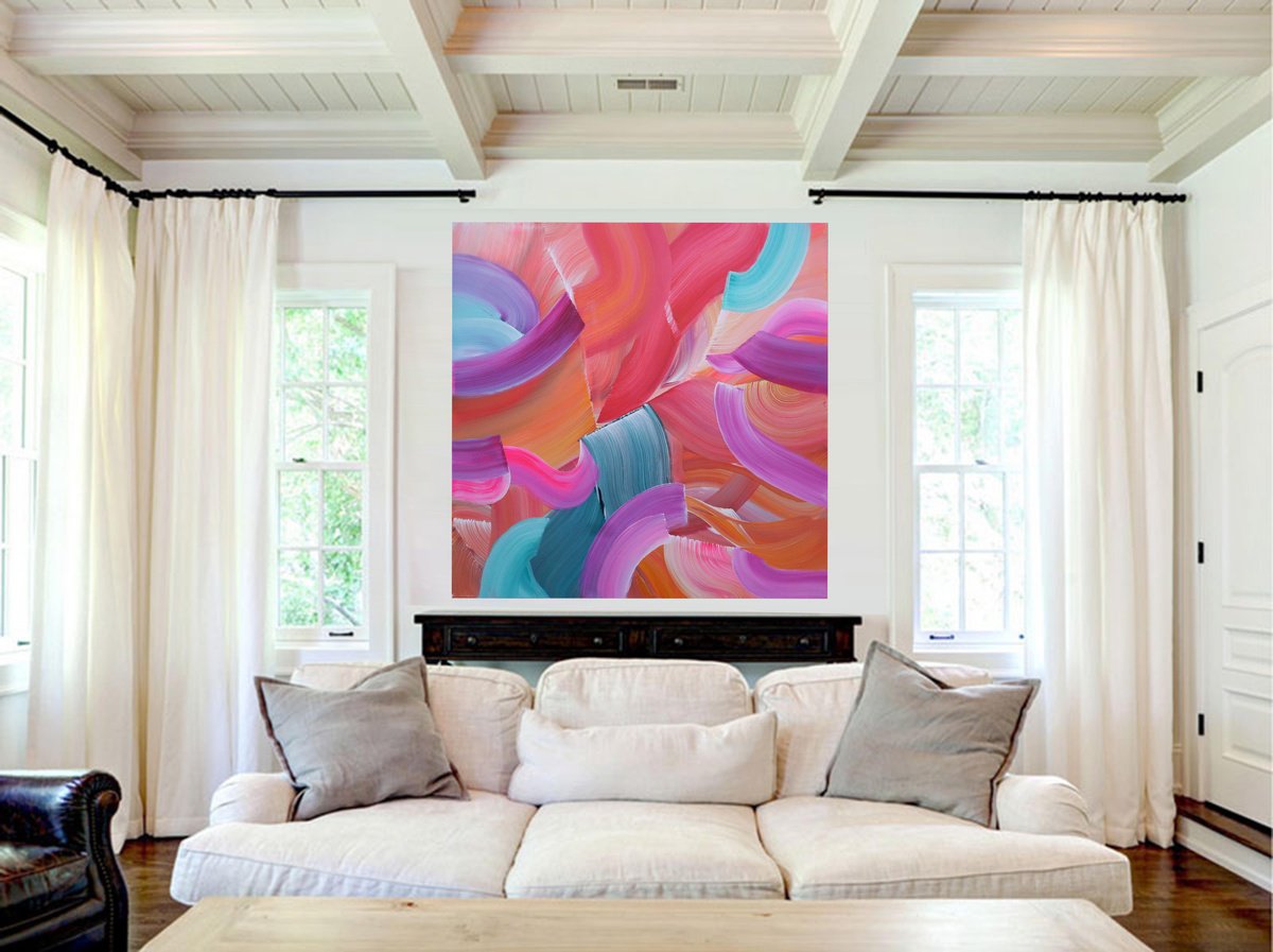 Organic Abstract Acrylic Painting By Susan Wooler, 39 X 39", Tropical Sunset, Original Artwork