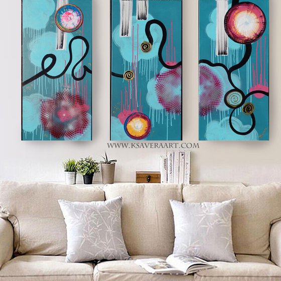 Teal Large abstract paintings A727 100x150x2 cm set of 3 original abstract acrylic paintings on stretched canvas