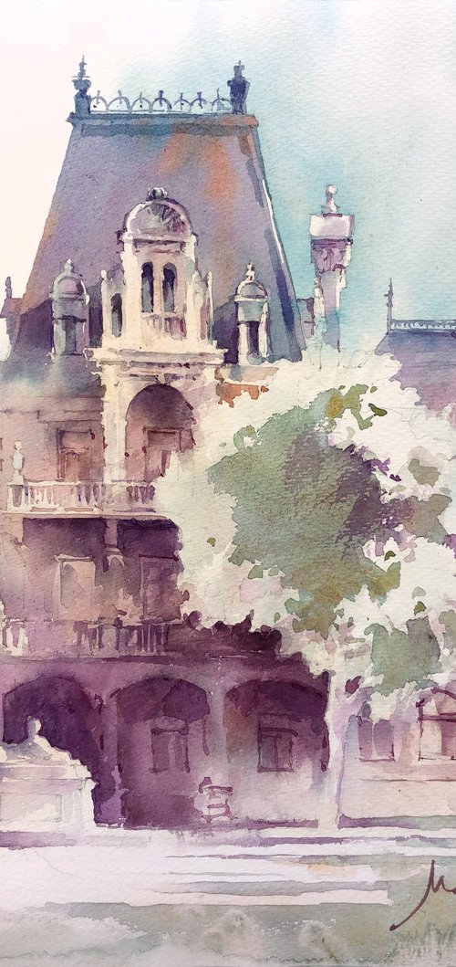 "Massandra Palace in Yalta" original watercolor painting in bright colors by Ksenia Selianko