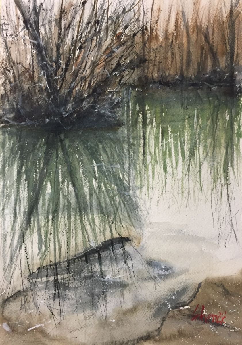 Impressionistic Landscape Watercolour By Tihomir Cirkvencic, 9 X 13", Reflections In The Water, Original Artwork
