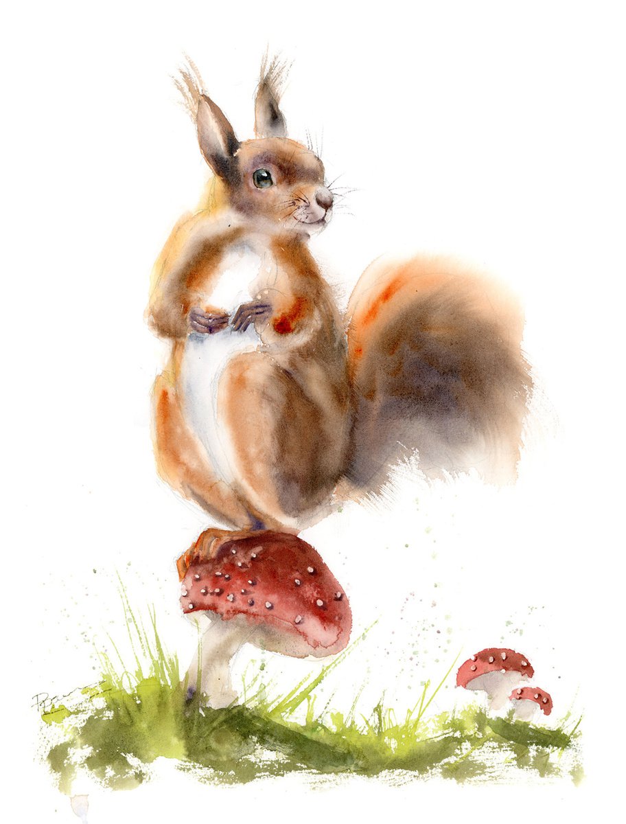 Illustrative Animal Watercolour By Olga Tchefranov (Shefranov), 12 X 16", Squirrel On The Mushroom, Original Artwork