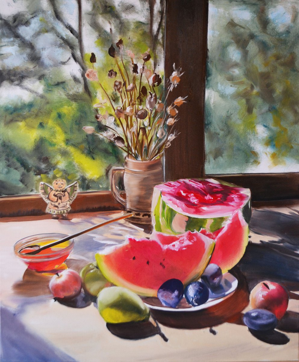 Still Life Oil Painting By Valeriia Radziievska, 20 X 24", Still Life With Watermelon, Original Artwork