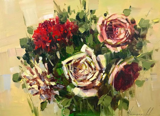 Bouquet of Roses, Oil painting, One of a kind, Signed, Handmade artwork