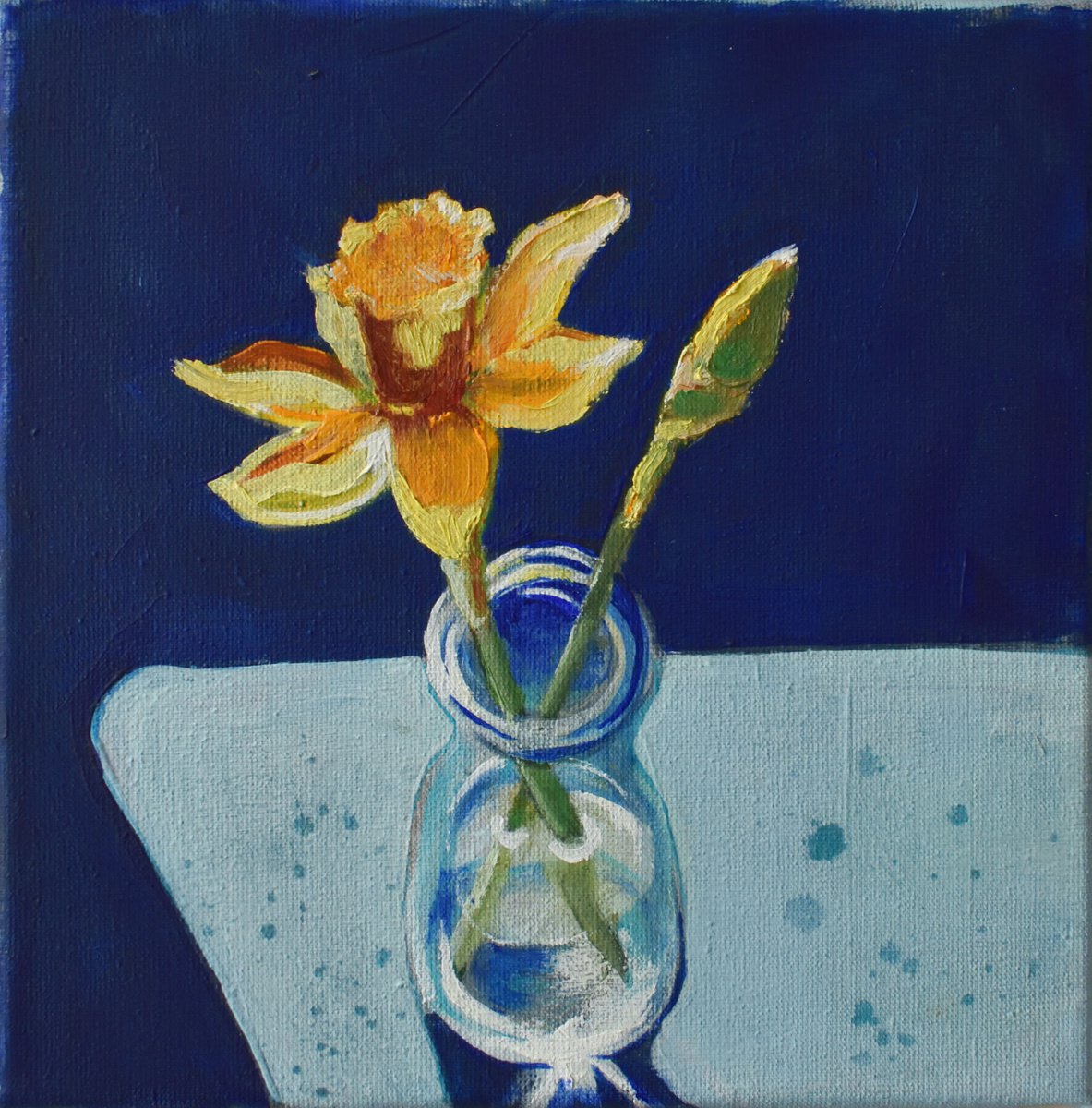Impressionistic Botanical Oil Painting By Hilde Hoekstra, 8 X 8, Daffodils In Blue Glass, Original Artwork