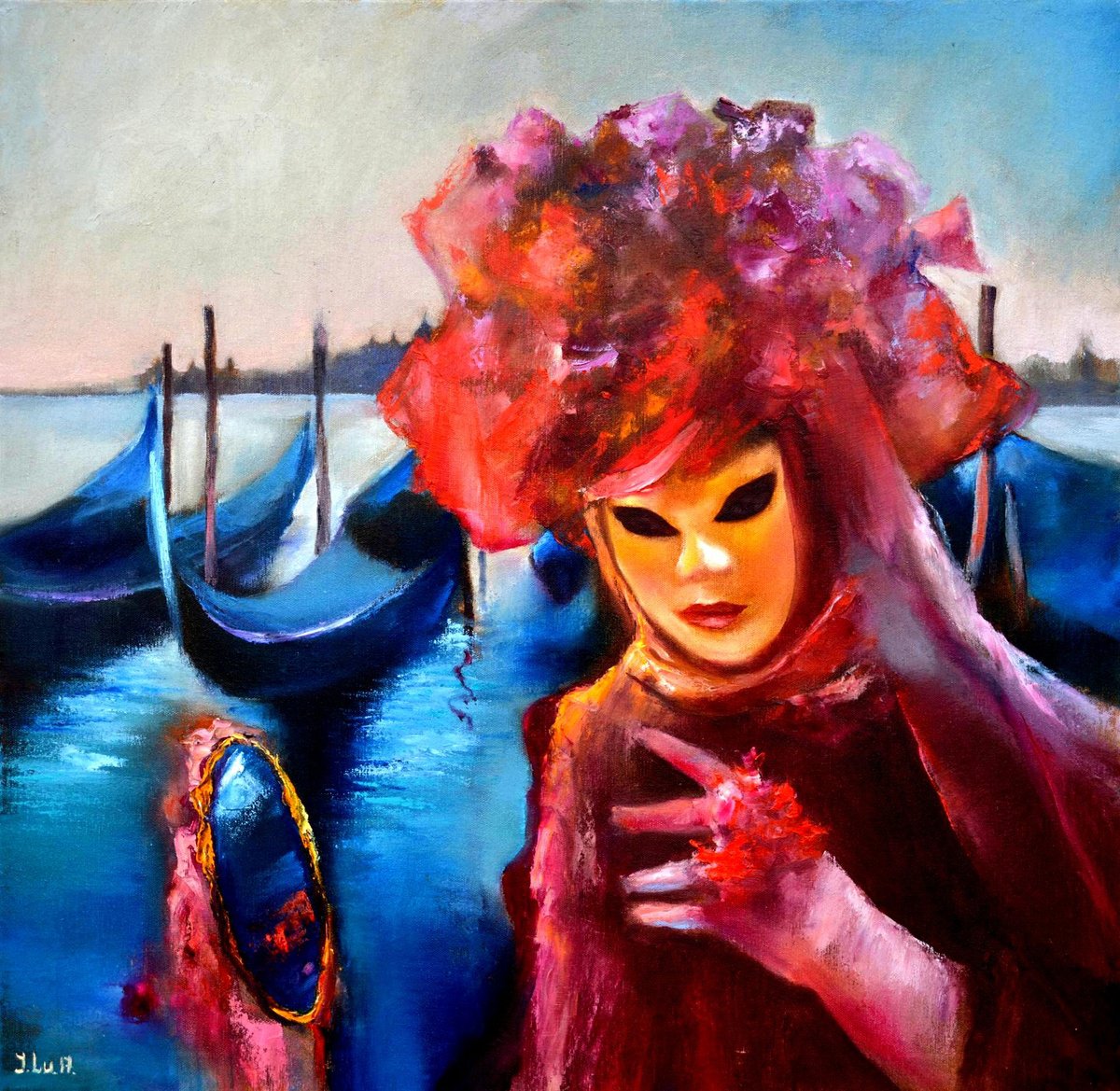 Expressive Cityscapes Oil Painting By Elena Lukina, 31 X 31, Carnival Night, Original Artwork