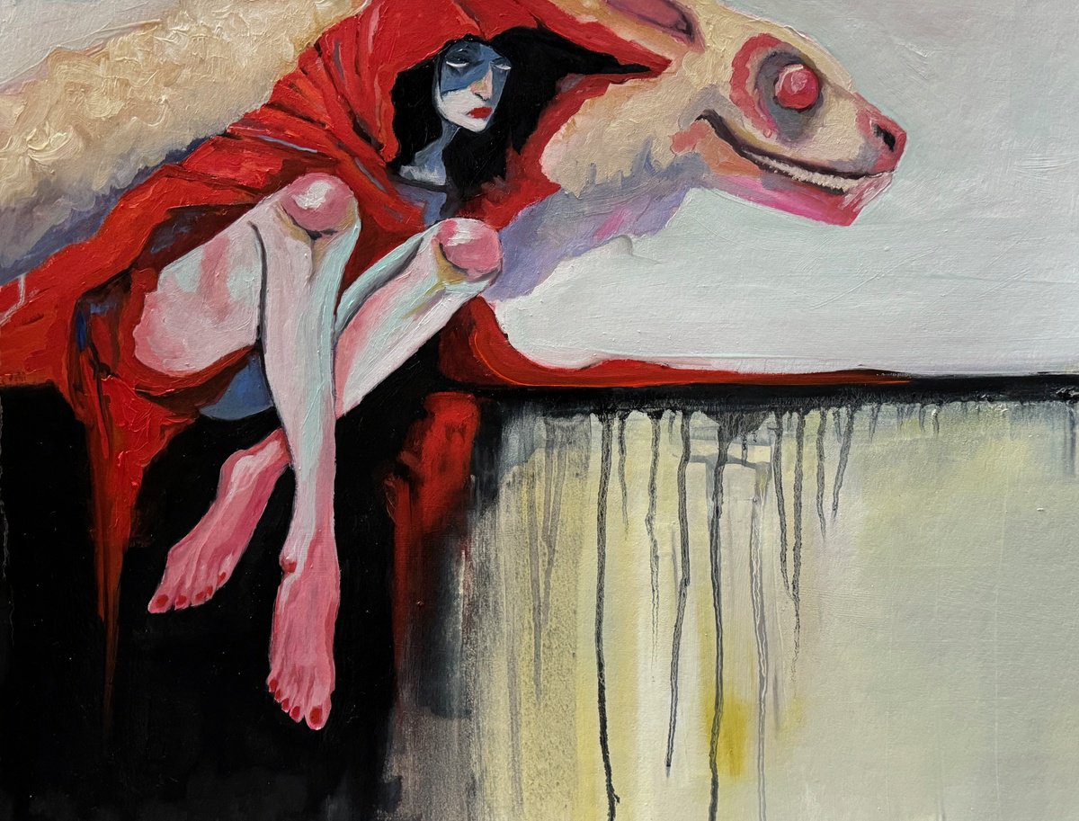 Illustrative Portrait Oil Painting By Lola Jovan, 19 X 14", Bad Red, Original Artwork