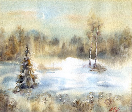 Winter forest in watercolor, Snow landscape, Moon and trees