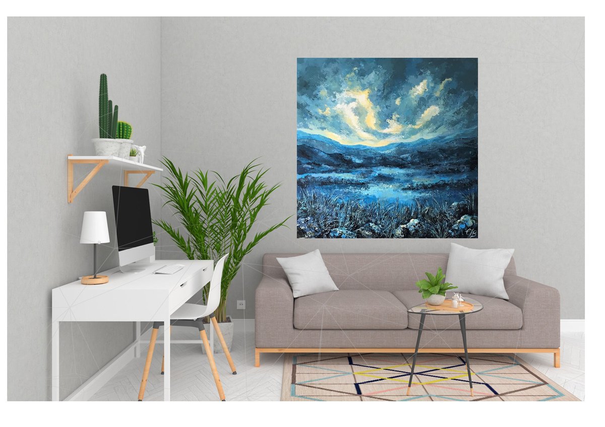 Impressionistic Landscape Acrylic Painting By Colette Baumback, 39 X 39, Blue Mist -Landscape, Original Artwork