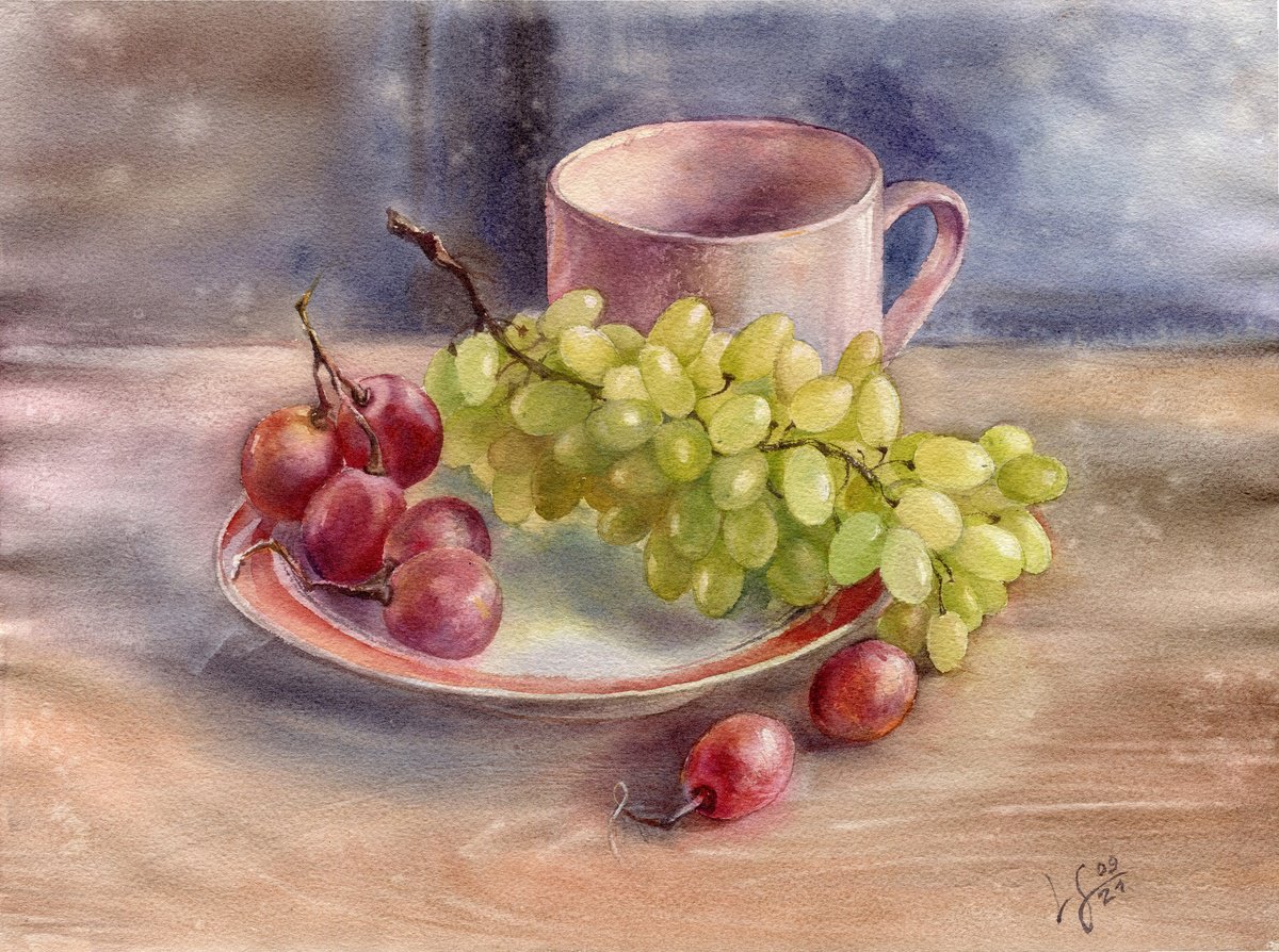 Still life with grapes on a plate and a cup on the table by SVITLANA LAGUTINA