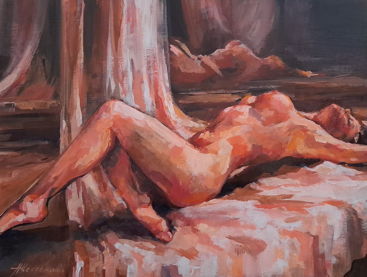 Impressionistic Portrait Acrylic Painting By Alexander Koltakov, 16 X 12, Nude, Original Artwork