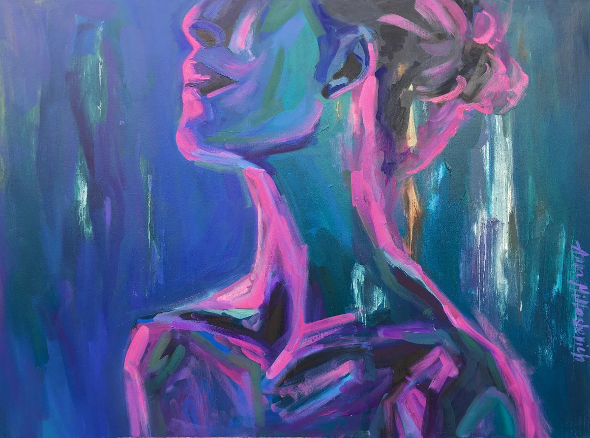 EMBRACING CHALLENGES - contemporary large woman portrait Expressionist colorful female fig... by Anna Miklashevich