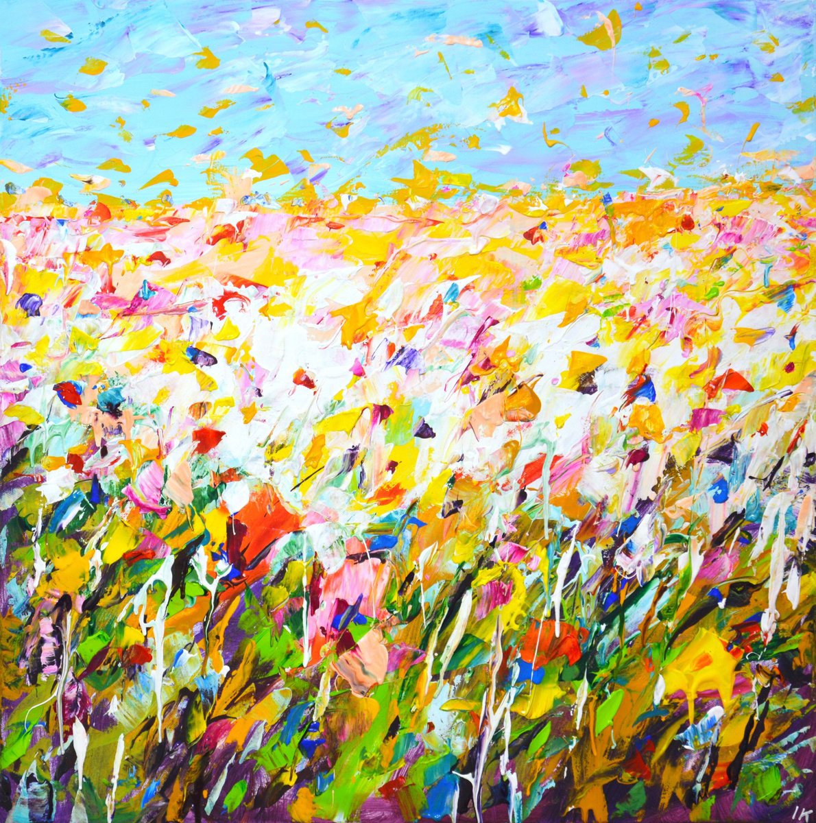Expressive Landscape Acrylic Painting By Iryna Kastsova, 31 X 31, Summer. Flower Field 15., Original Artwork